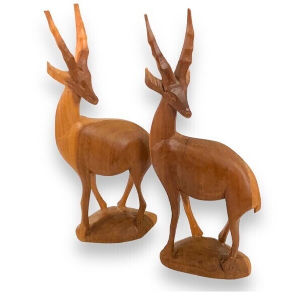 Vintage MCM Set Of Hand Carved Wooden Antelope Deer Gazelle Statue/Figurine 10”